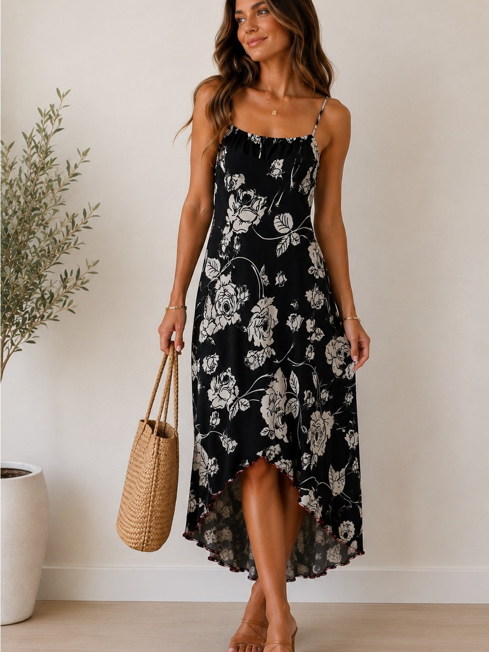 Black & White Floral Slip Dress with Spaghetti Straps - Picture 6 of 7